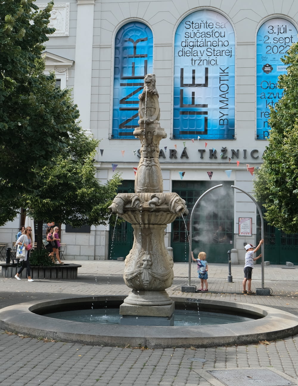 a fountain with a statue in front of a building