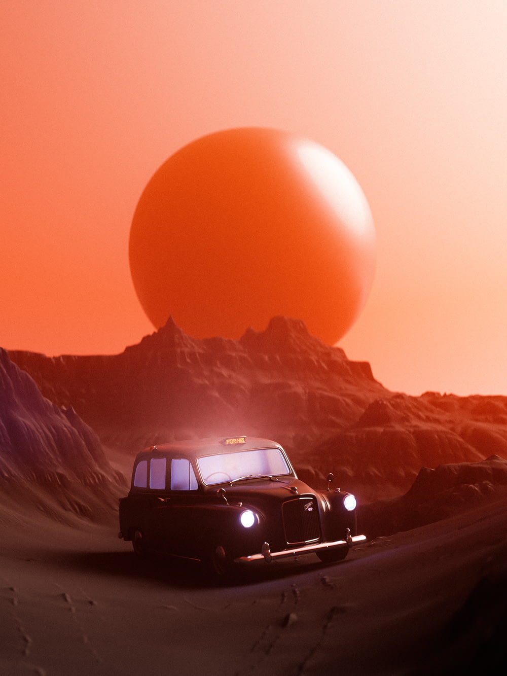 a car parked in front of a large orange moon