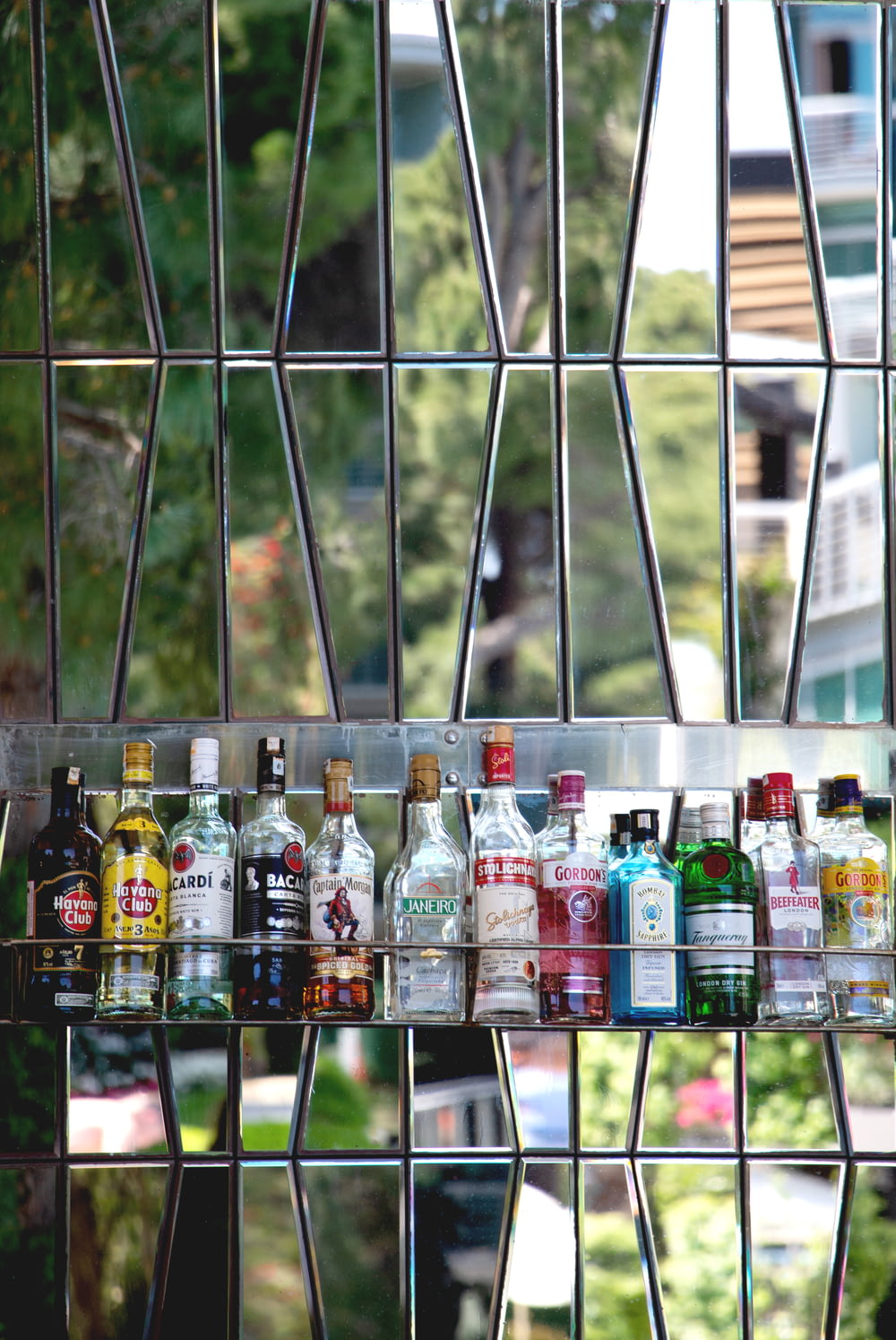 Un grupo de botellas en un estante