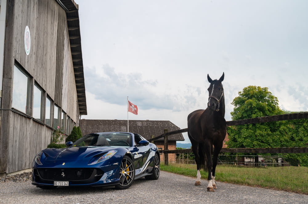 a horse and car parked next to a building