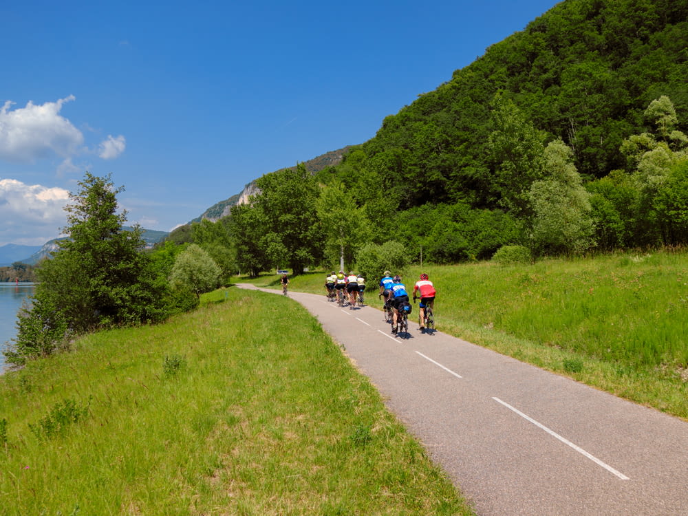 a group of people riding bikes on a road by a lake