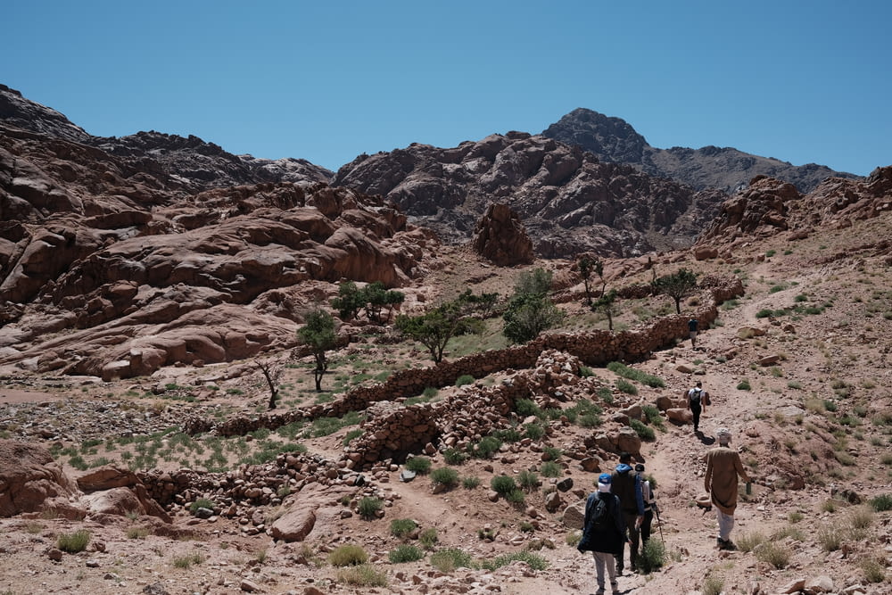 a group of people hiking in the desert