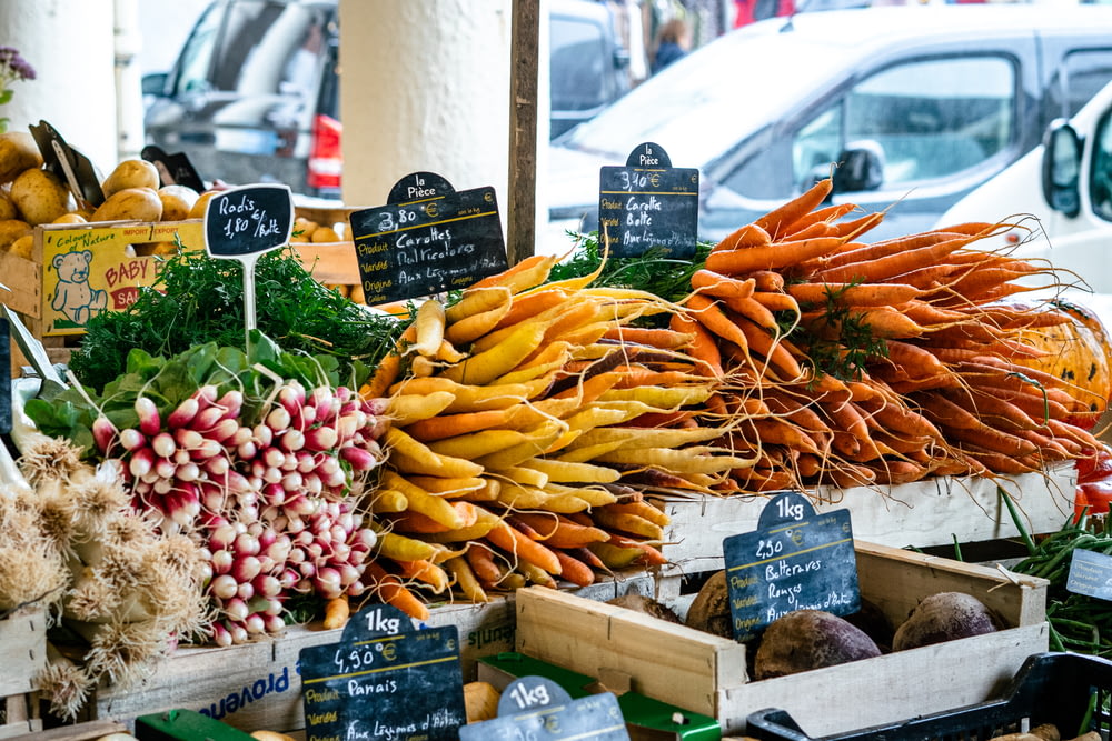 a market with vegetables and fruits