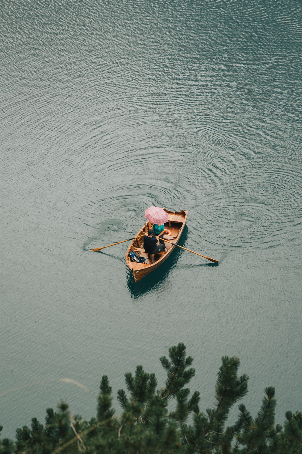 a couple people rowing a boat