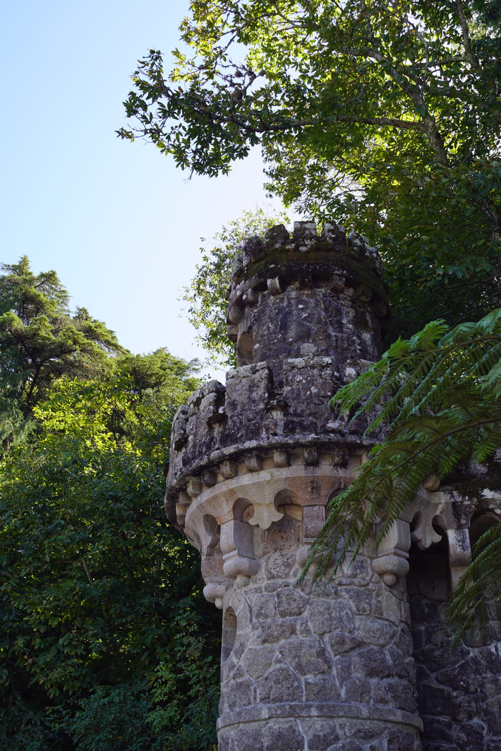 a stone tower with a tree in the background