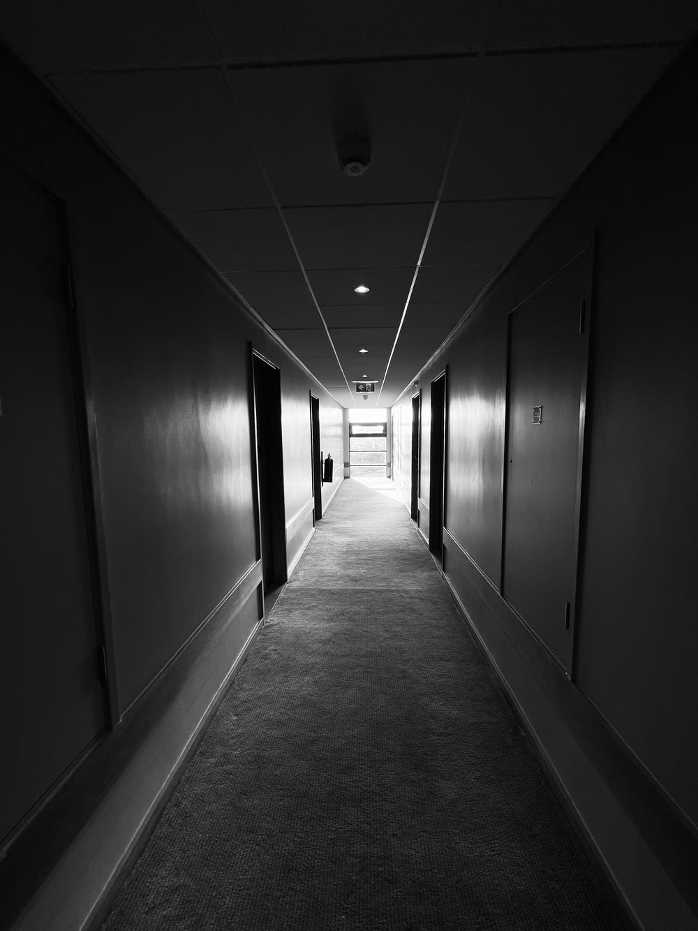 a long hallway with black doors