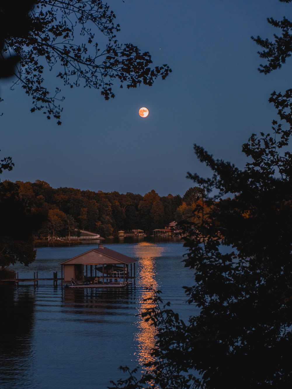 a house on a dock in a lake with trees and a moon in the sky