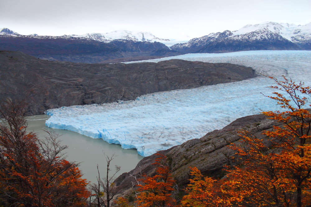 a large glacier in a mountainous region