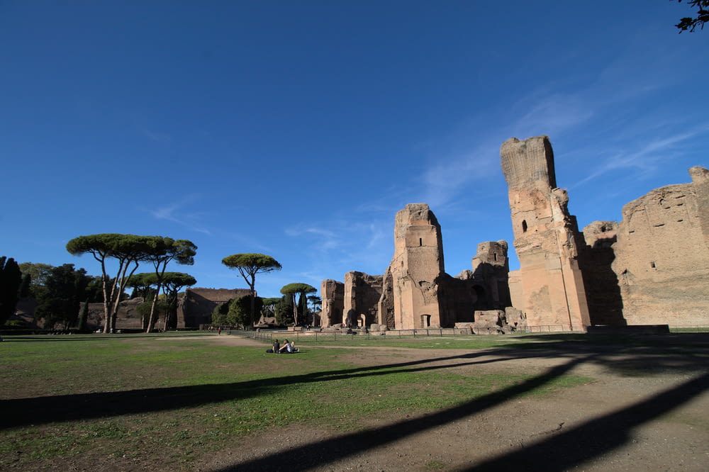 a stone castle with trees and grass with Baths of Caracalla in the background