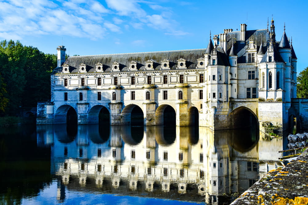 a large white building with Château de Chenonceau over a body of water