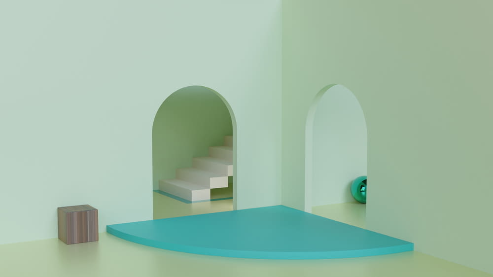a room with a blue table and a white wall with a green ball