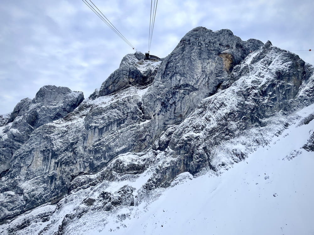 a snowy mountain with a cable car