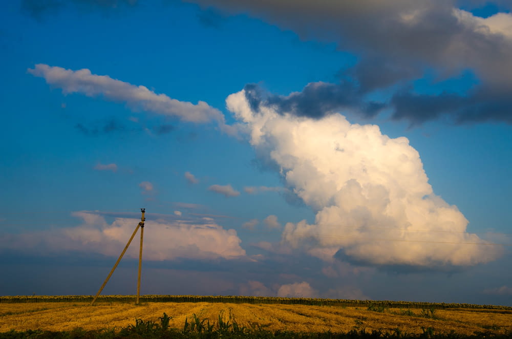a field with a telephone pole and clouds in the sky