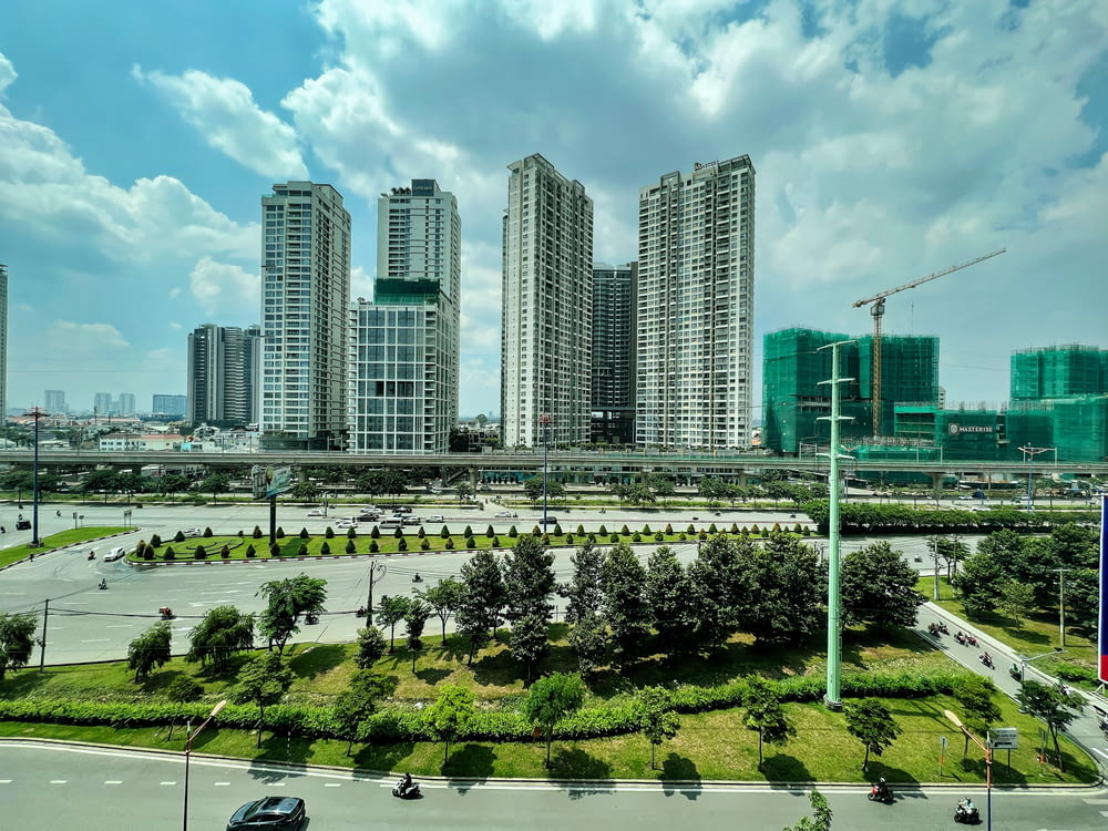 a city landscape with tall buildings