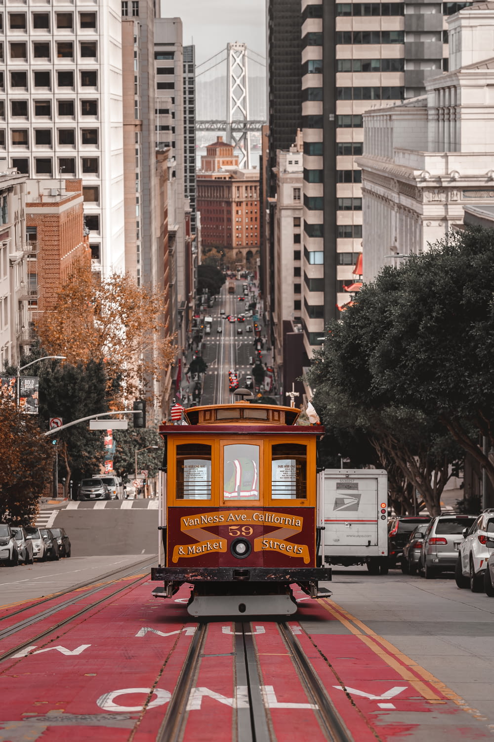 a trolley car on a street