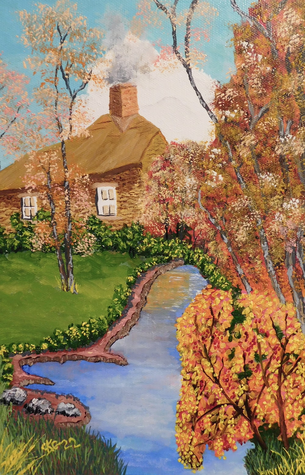 Un dipinto di una casa vicino a un fiume