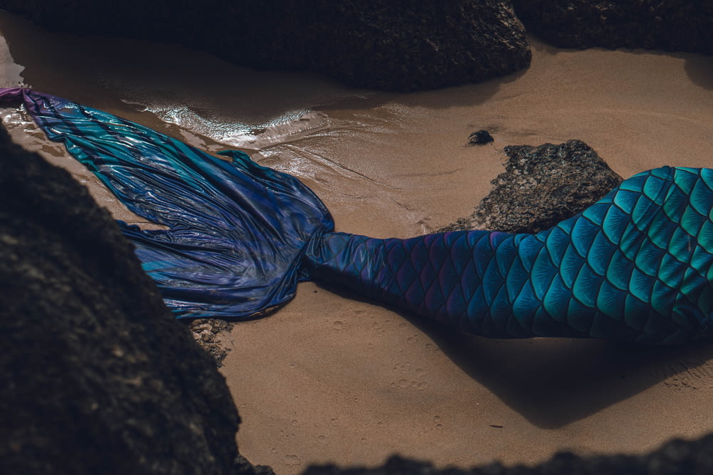 a blue mermaid tail laying on top of a sandy beach