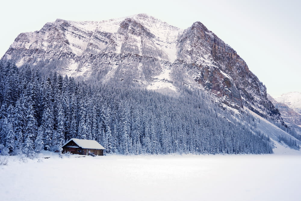 a cabin in the middle of a snowy mountain range