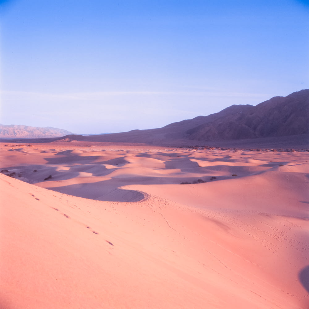 uma paisagem do deserto com dunas de areia e montanhas ao fundo