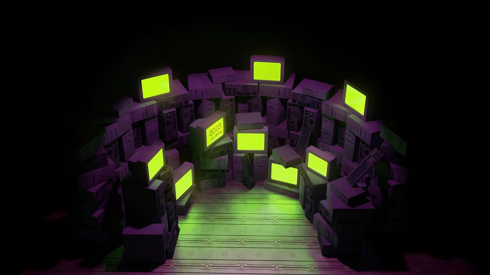 a room filled with lots of purple and yellow cubes