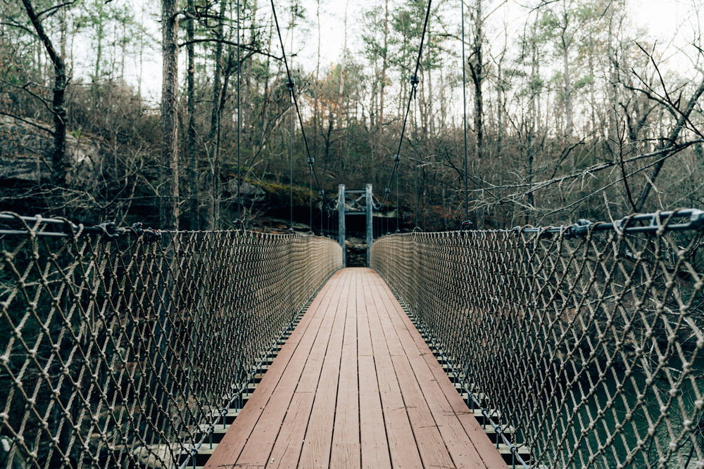 a wooden bridge surrounded by a chain link fence