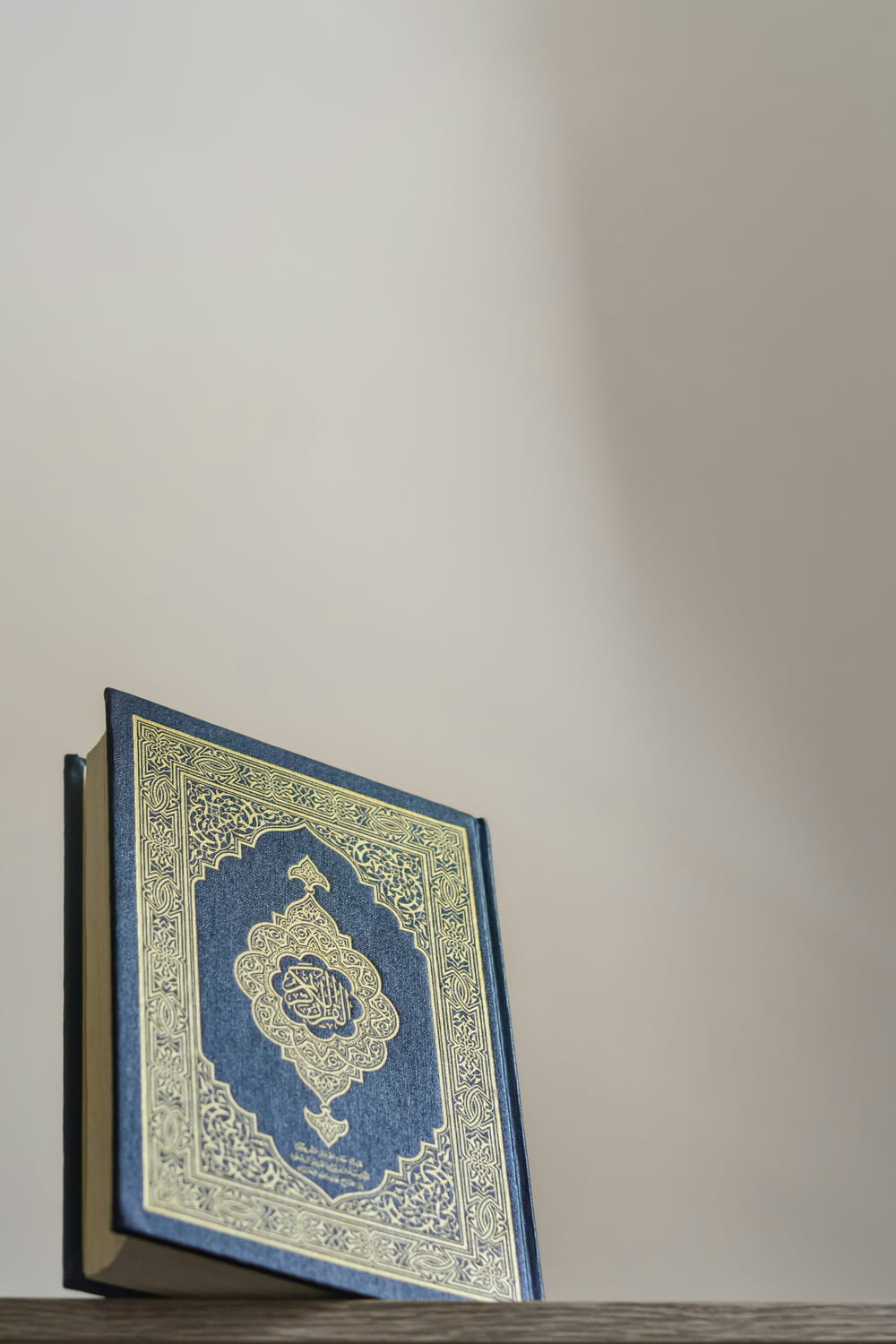 a blue and yellow book sitting on top of a wooden shelf