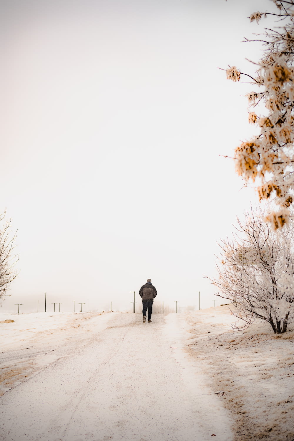 a person walking down a snow covered road
