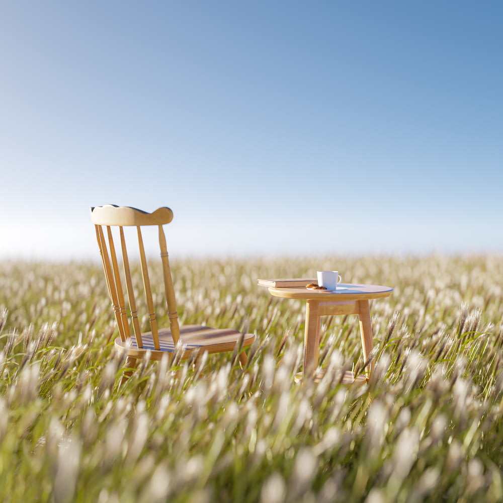 a table and chair in a field of grass