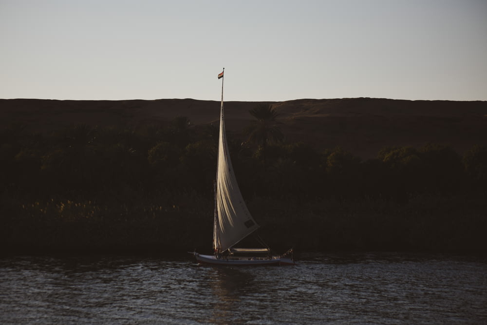 a sailboat with a flag on a body of water