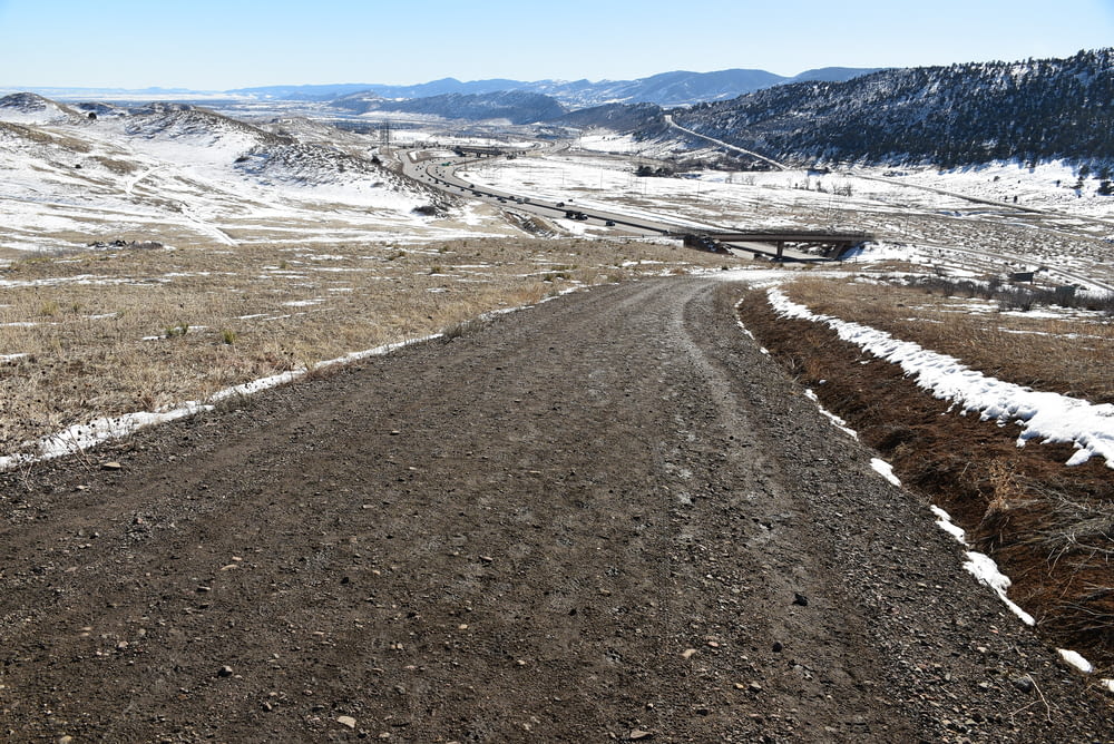 a dirt road surrounded by snow covered mountains