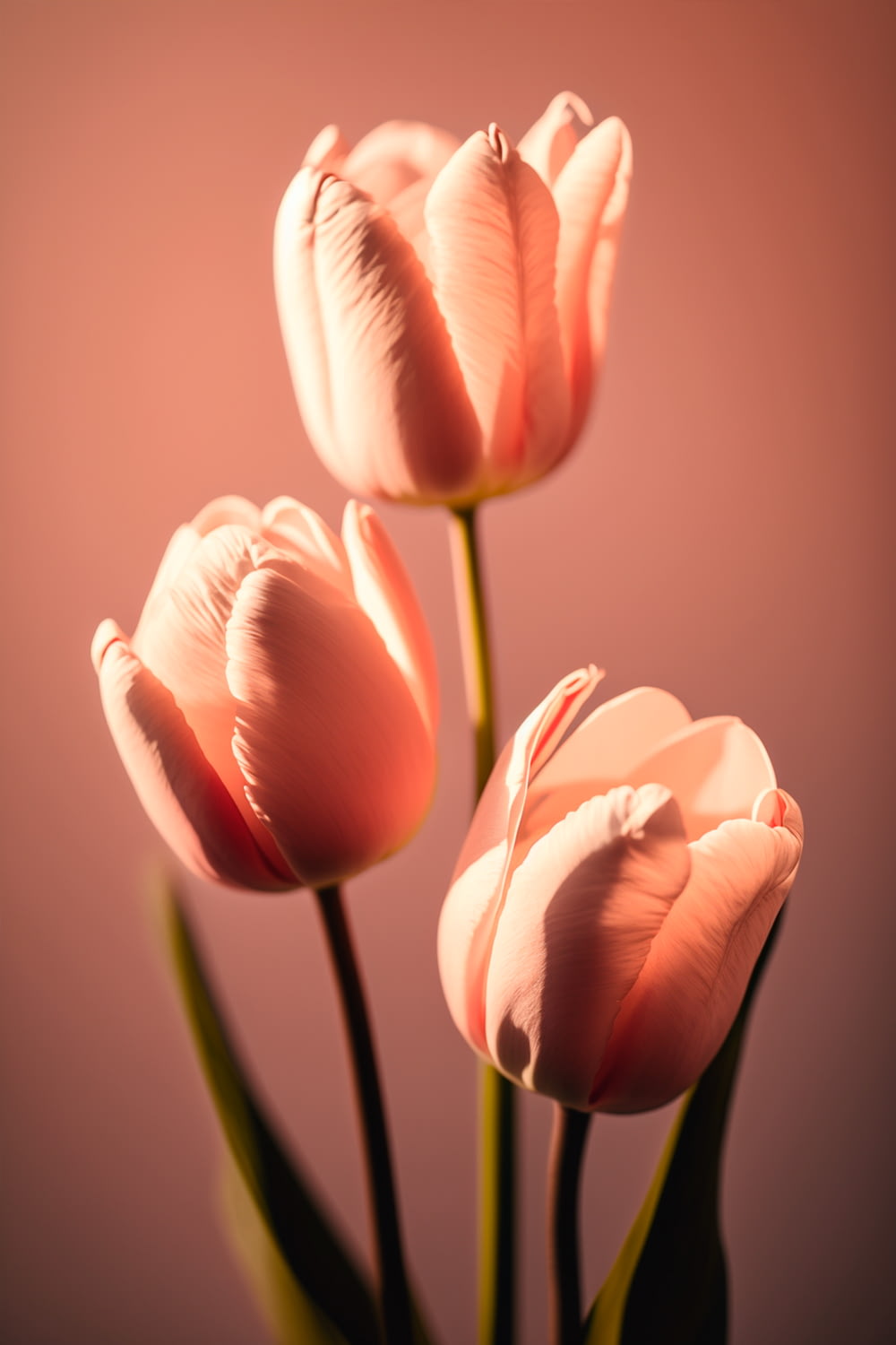 Tres tulipanes rosados en un jarrón sobre una mesa