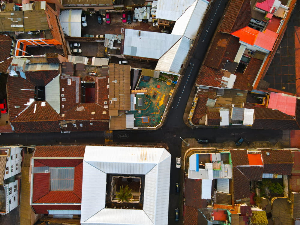 an aerial view of a street and buildings