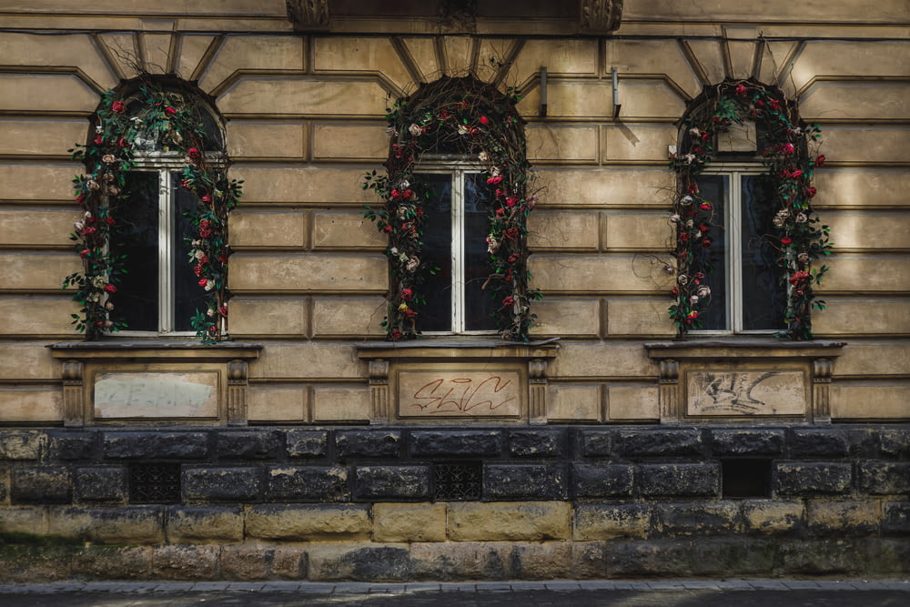 a building with three windows decorated for christmas