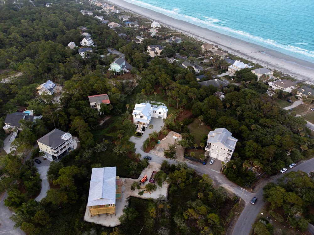a bird's eye view of a beachfront neighborhood