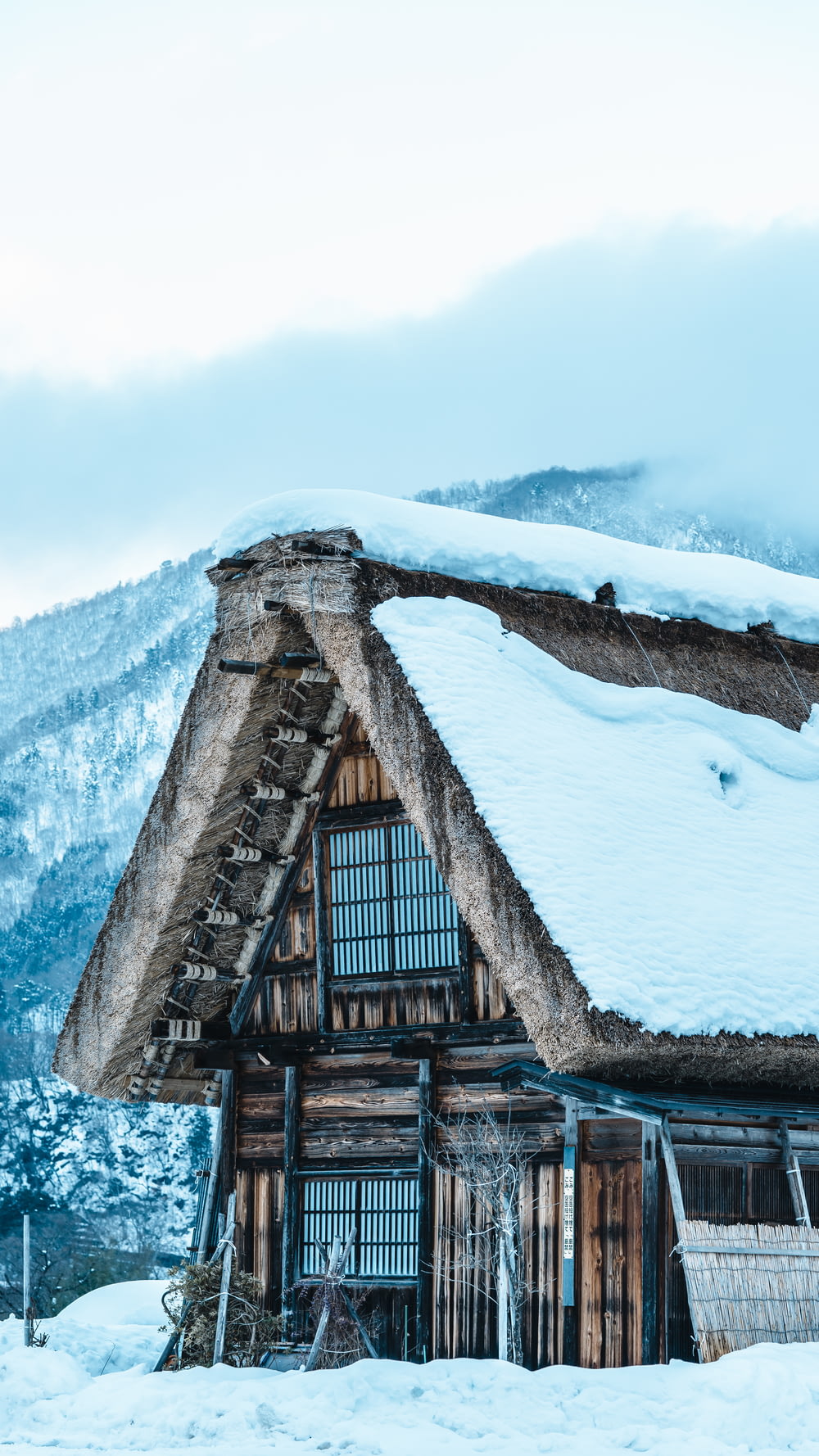 a house with a thatched roof covered in snow