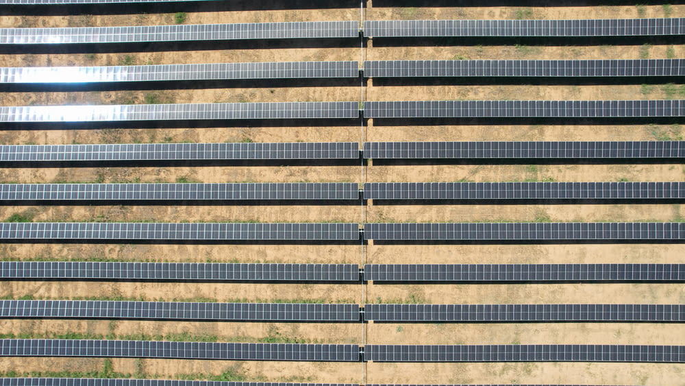 a row of rows of solar panels in a field