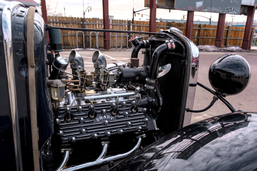 a close up of an old fashioned car engine
