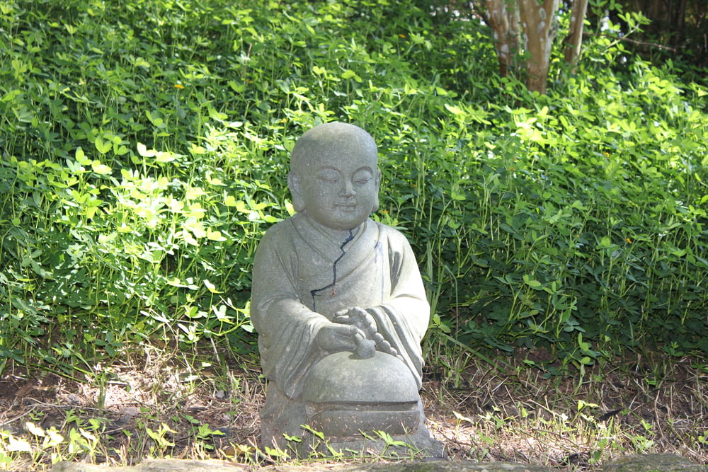 a statue of a buddha sitting in the grass
