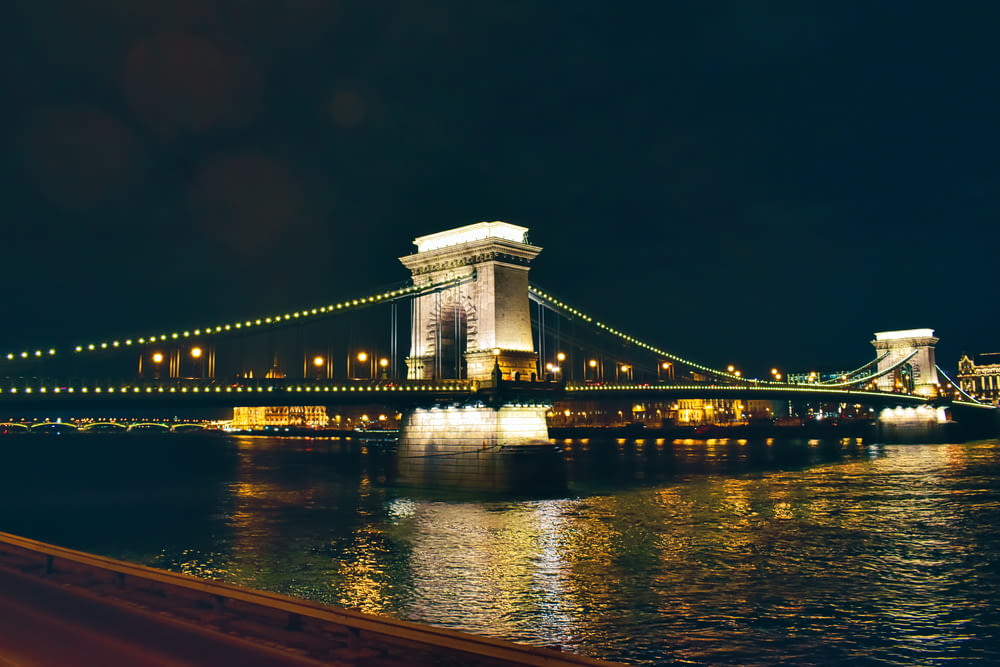 a night view of a bridge over a body of water
