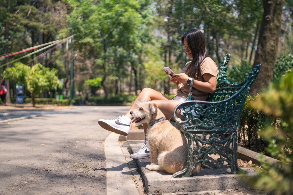 a woman sitting on a bench next to a dog