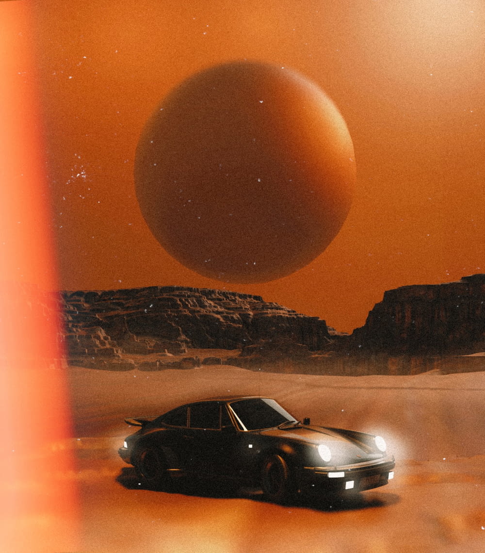 a picture of a car in the desert with a planet in the background