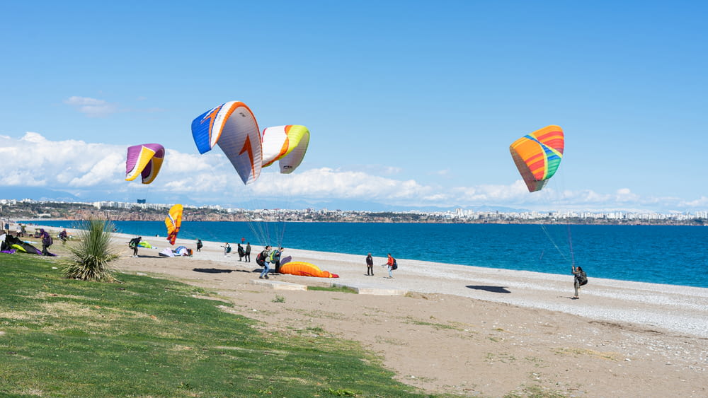 a group of people on a beach flying kites