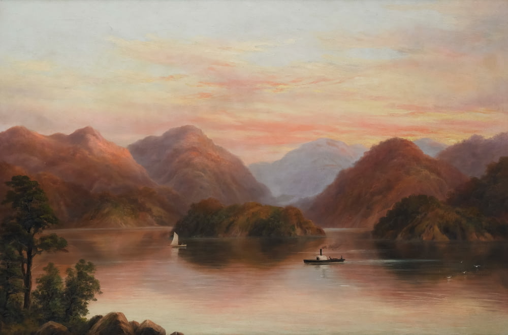 a painting of a boat on a lake with mountains in the background