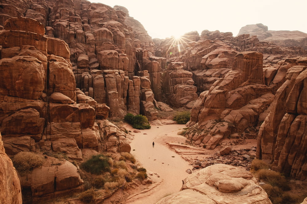 砂漠の峡谷を歩く人
