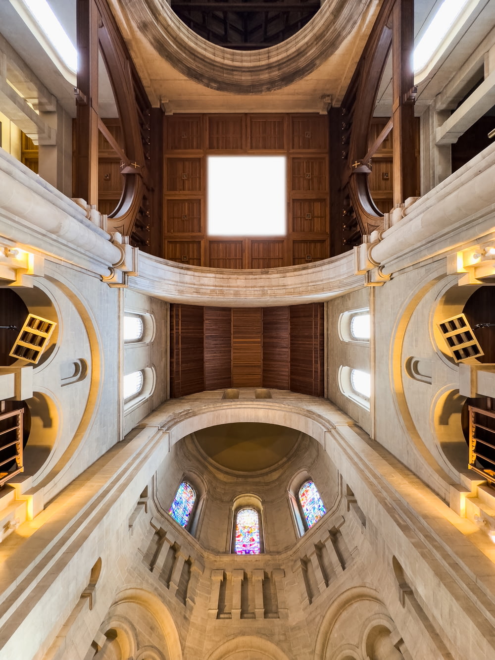a view of the inside of a church looking up at the ceiling