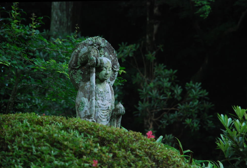 a statue in the middle of a garden