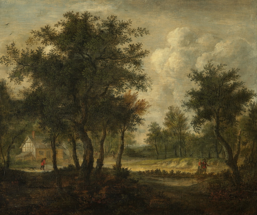 a painting of a wooded area with a house in the distance