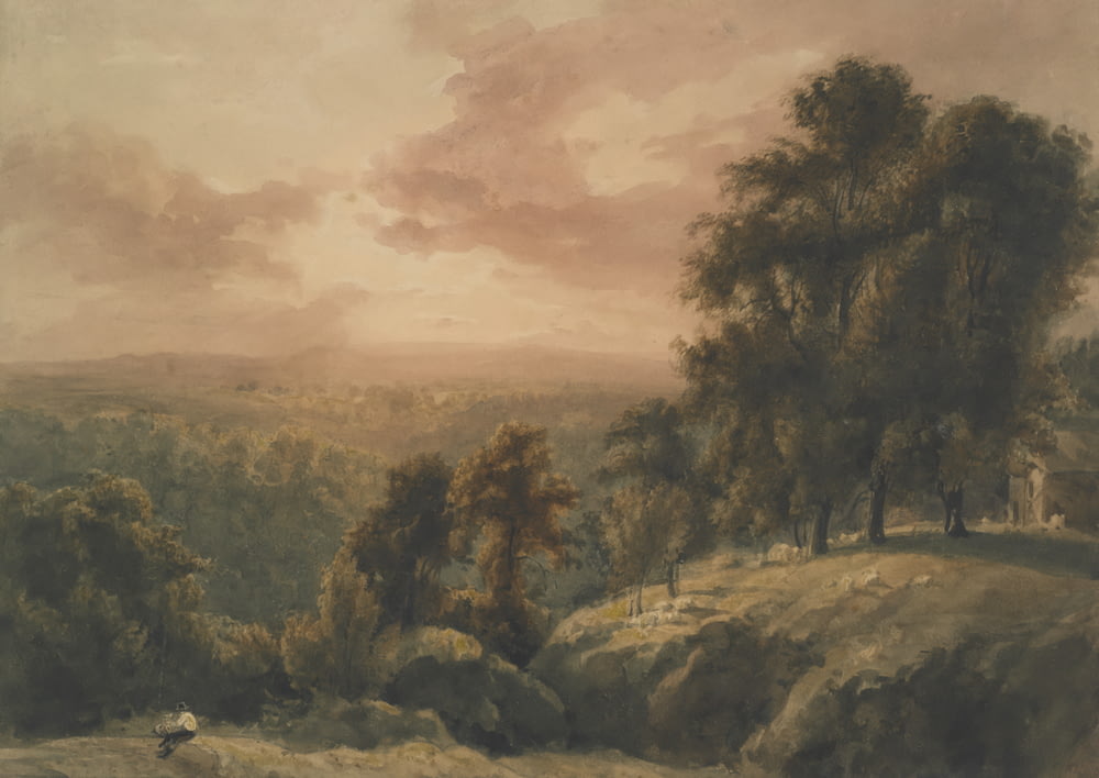 a painting of a hilly landscape with trees