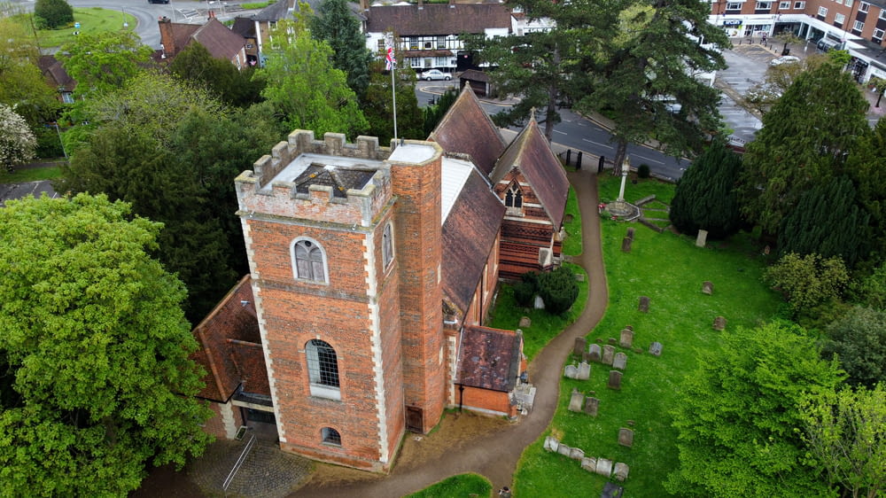 an aerial view of an old brick building