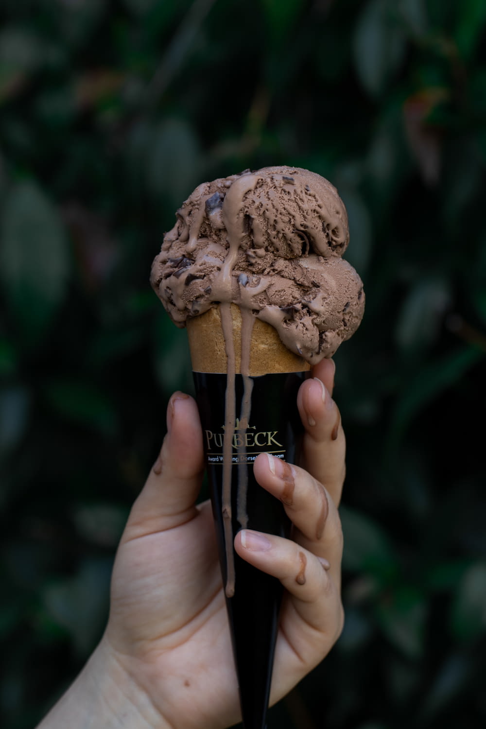 a hand holding a chocolate ice cream cone